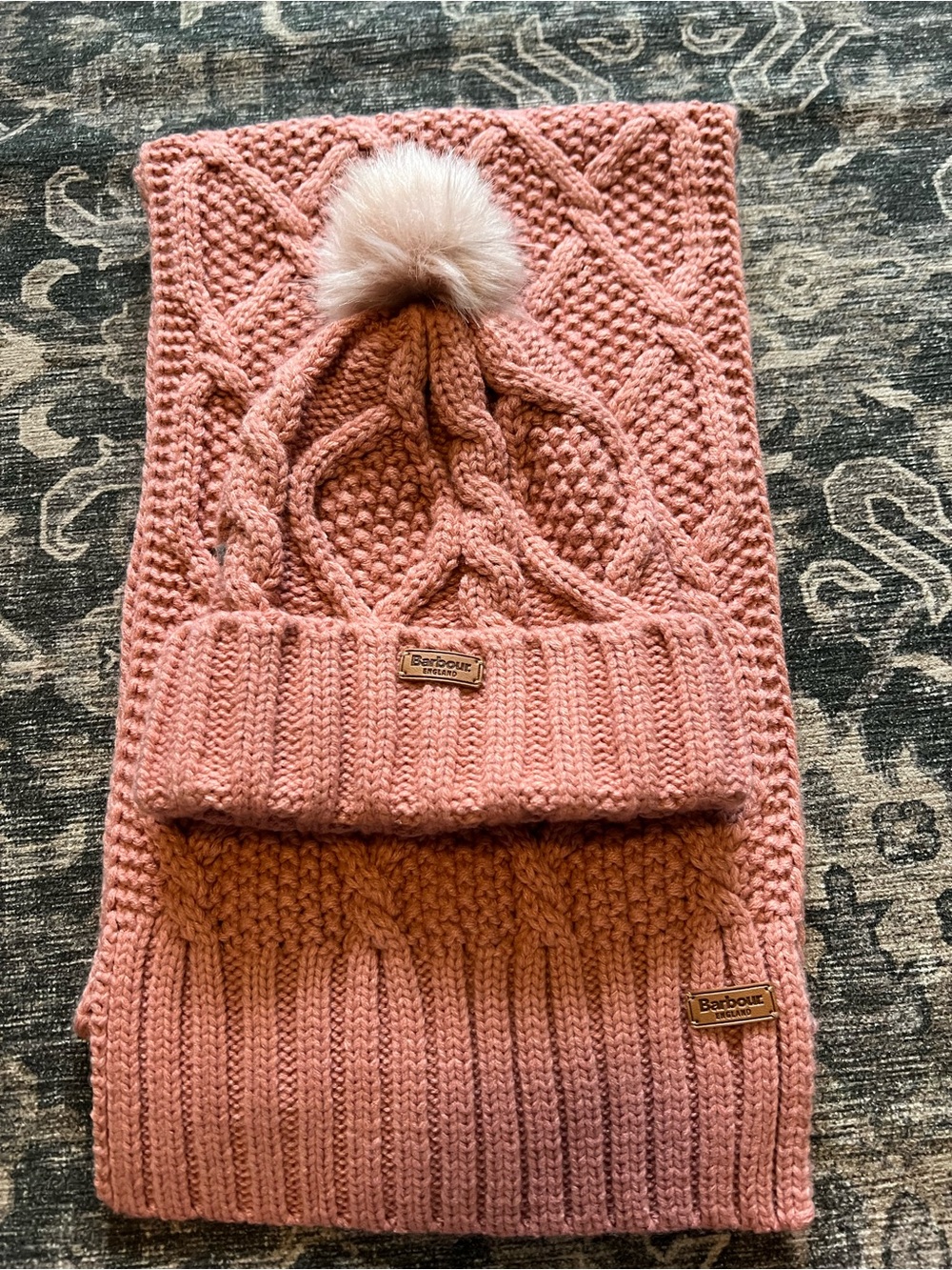 Barbour Pink Cable Knit Pom Hat and Scarf Set